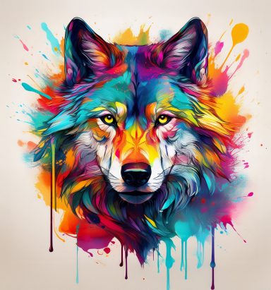 Tête de loup stylisée avec des couleurs vives et des éclaboussures de peinture.